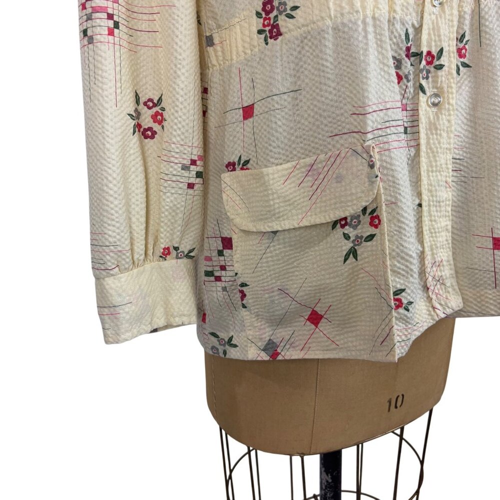Vintage 70s Floral Shirt Womens Large Geometric Textured Long Sleeve Top - Picture 5 of 10